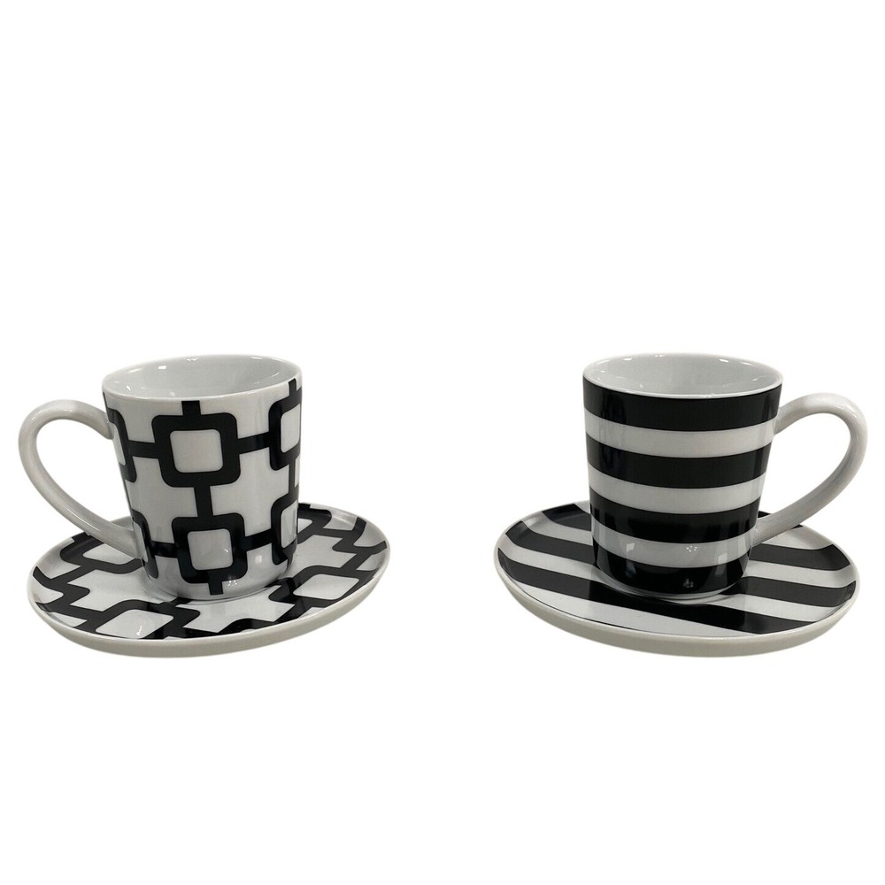 Crate & Barrel Demitasse Espresso Cups Saucers White Black Geometric Porcelain